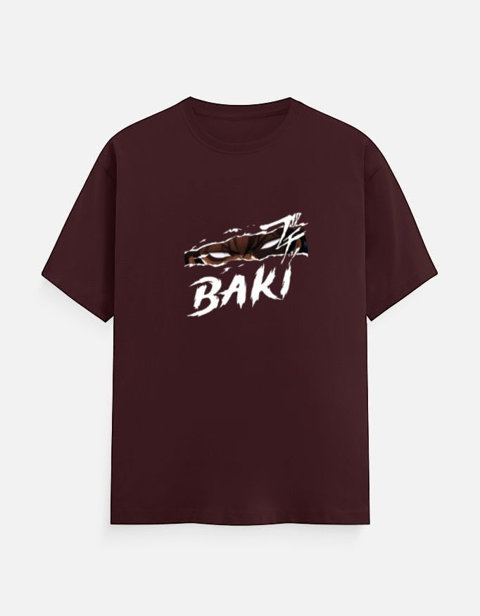No Cap Co BAKI graphic tee in maroon, 100% cotton, unisex fit with a slashed design.