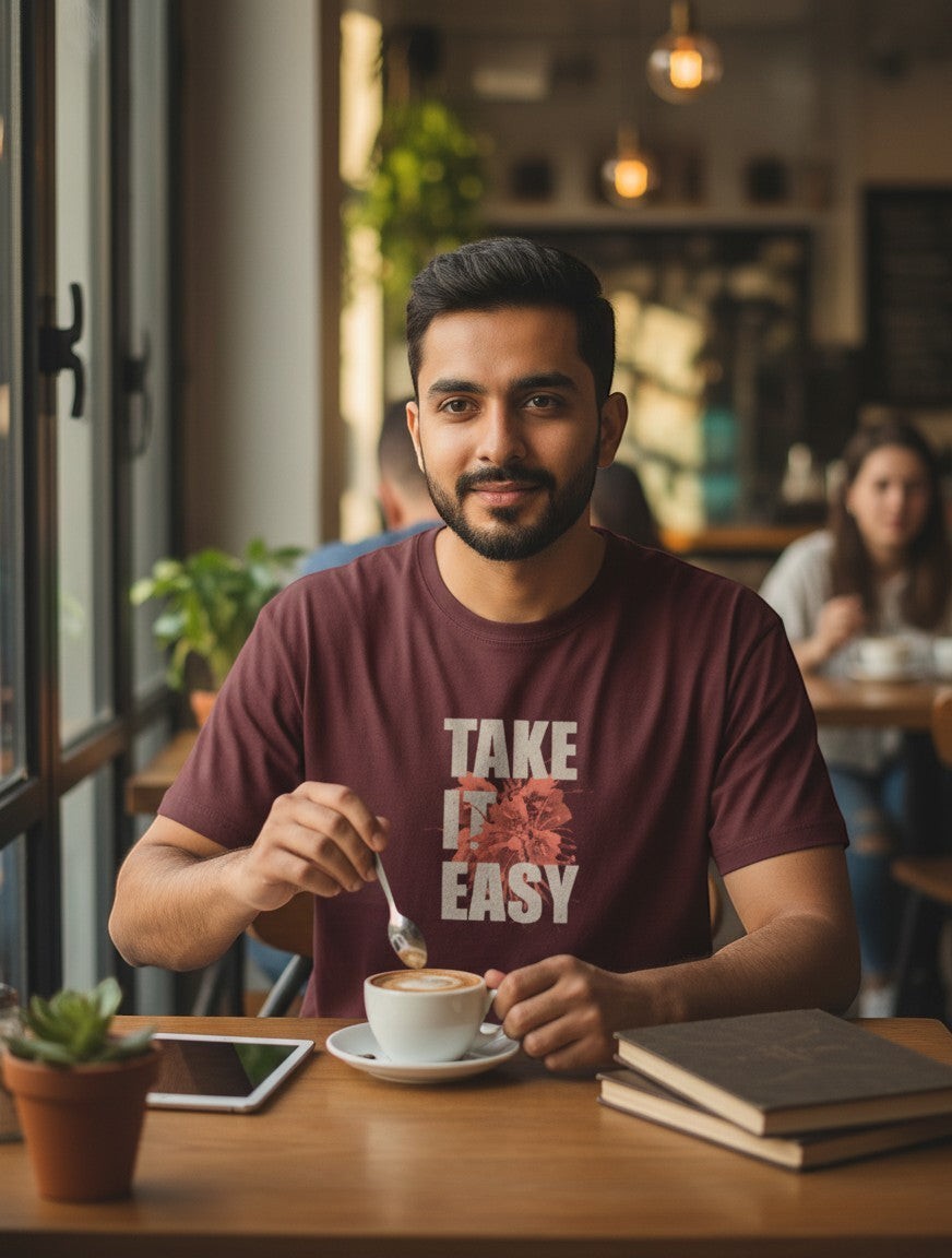 No Cap Co men's maroon 100% cotton t-shirt with "TAKE IT EASY" graphic print and floral detail.
