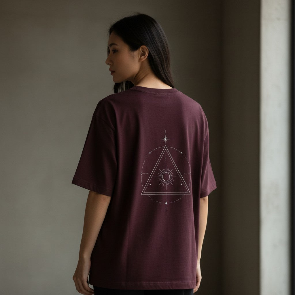 No Cap Co TRINITY oversized fit maroon cotton-polyester blend t-shirt with a geometric sun and star print.