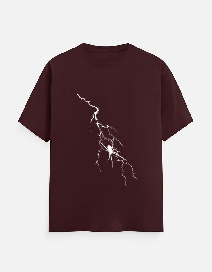 No Cap Co maroon 100% cotton crew neck t-shirt with a white lightning bolt and spider graphic.