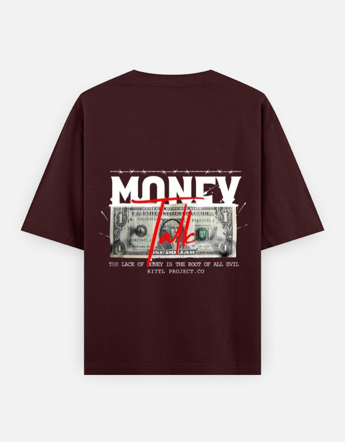 No Cap Co burgundy 100% cotton oversized t-shirt with "MONEY" graphic and a dollar bill.