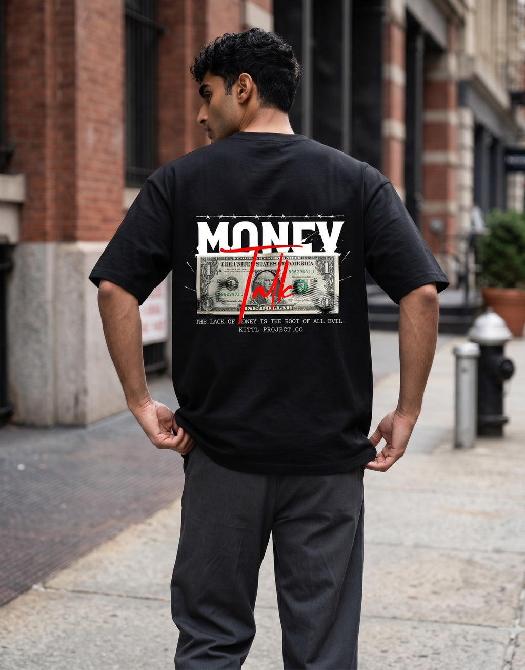No Cap Co black 100% cotton oversized t-shirt with "MONEY" graphic and a dollar bill.