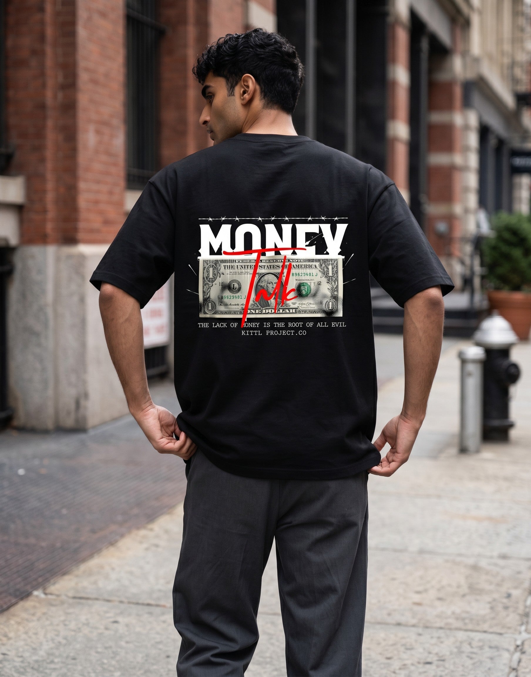 No Cap Co black 100% cotton oversized t-shirt with "MONEY" graphic and a dollar bill.