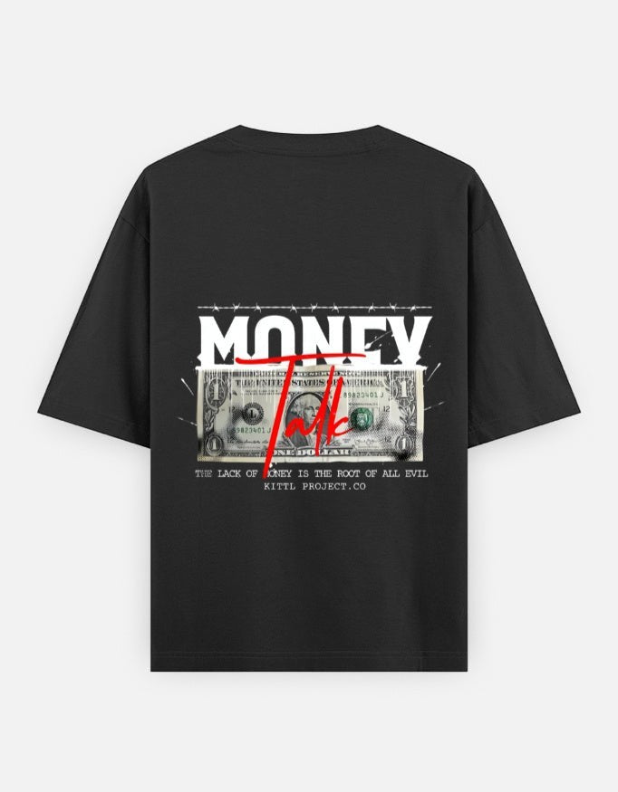 No Cap Co black 100% cotton oversized t-shirt with "MONEY" graphic and a one dollar bill.