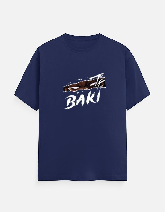 No Cap Co navy blue 100% cotton unisex t-shirt with a ripped graphic design and the word BAKI in white distressed font.