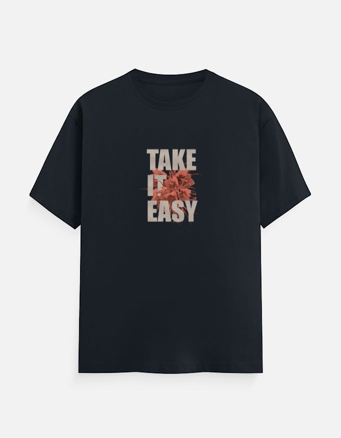 No Cap Co navy blue 100% cotton t-shirt with "TAKE IT EASY" graphic print.
