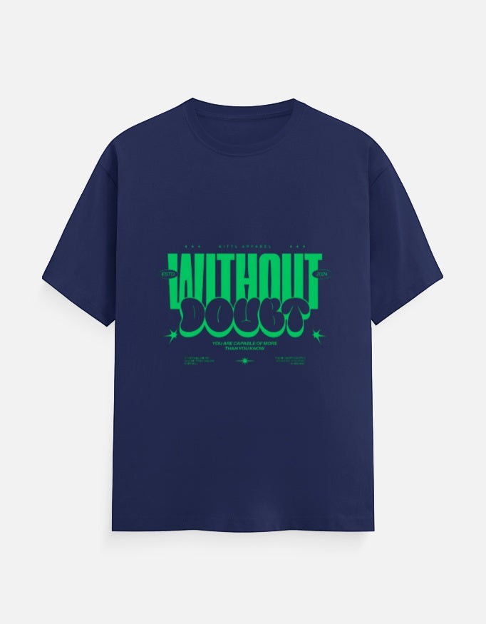 No Cap Co navy blue 100% cotton crew neck t-shirt with green "WITHOUT DOUBT" graphic print.