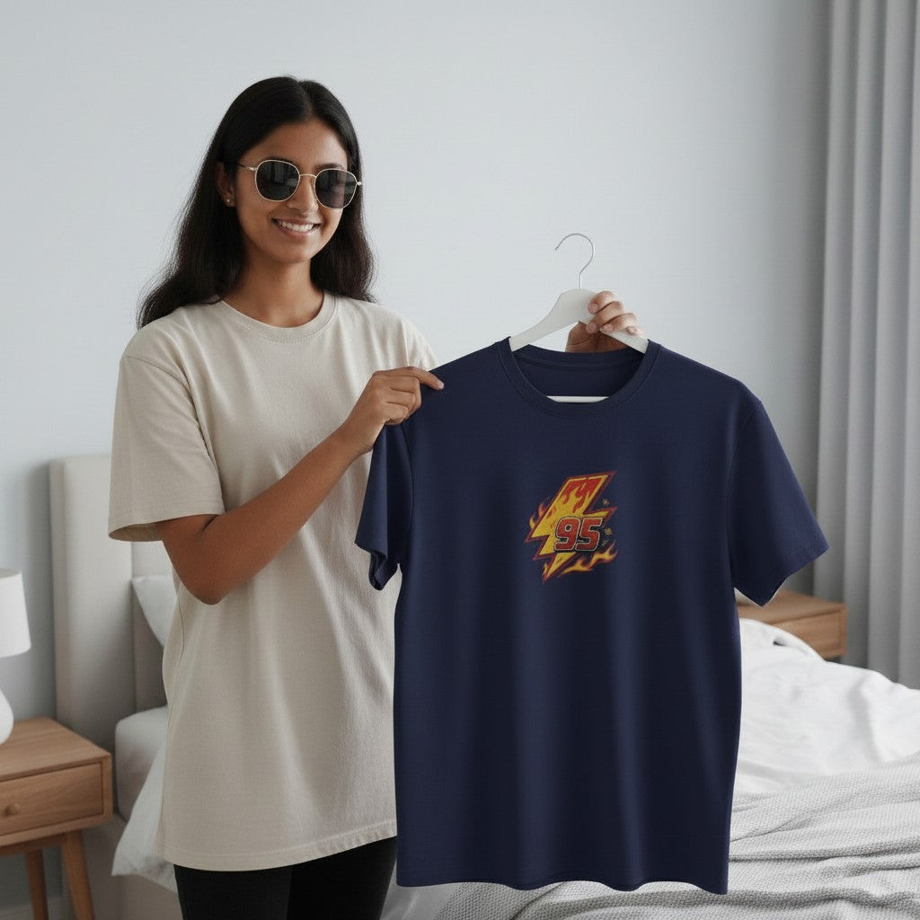 No Cap Co dark navy 100% cotton t-shirt with a red and yellow lightning bolt graphic and the number 95 inside.