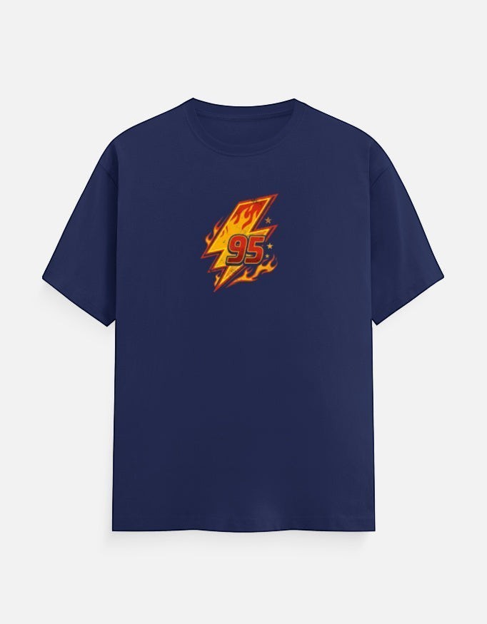 No Cap Co navy blue 100% cotton t-shirt with a fiery lightning bolt graphic and the number 95.