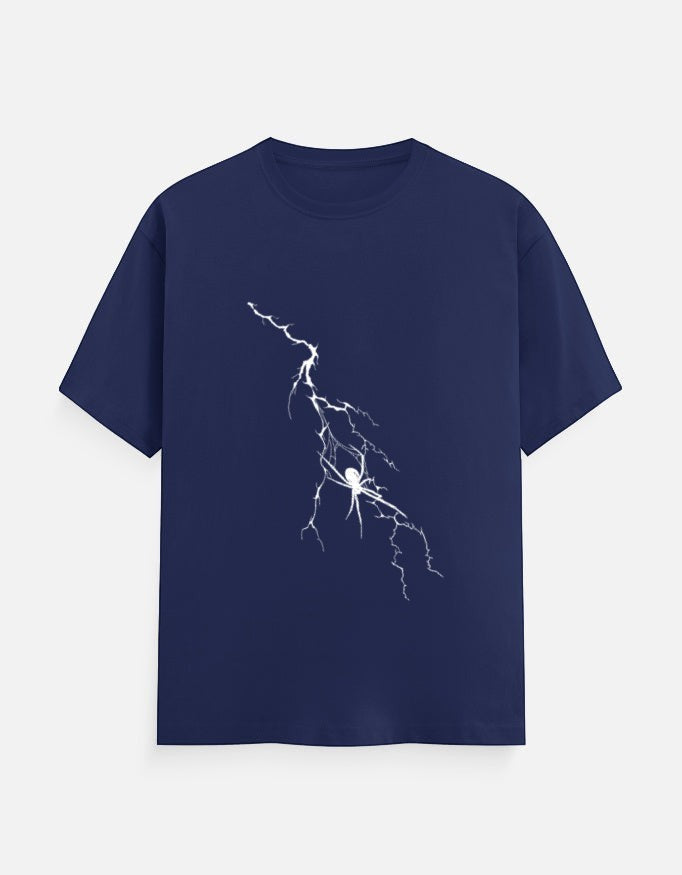 No Cap Co navy blue 100% cotton crew neck t-shirt with a white lightning bolt and spider graphic.