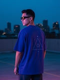 No Cap Co navy blue oversized t-shirt with a geometric sun and stars print on the back. Made from 240 GSM cotton-polyester blend.