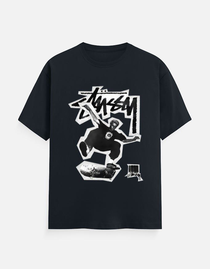 No Cap Co navy blue 100% cotton t-shirt with graphic print of a skateboarder mid-air.