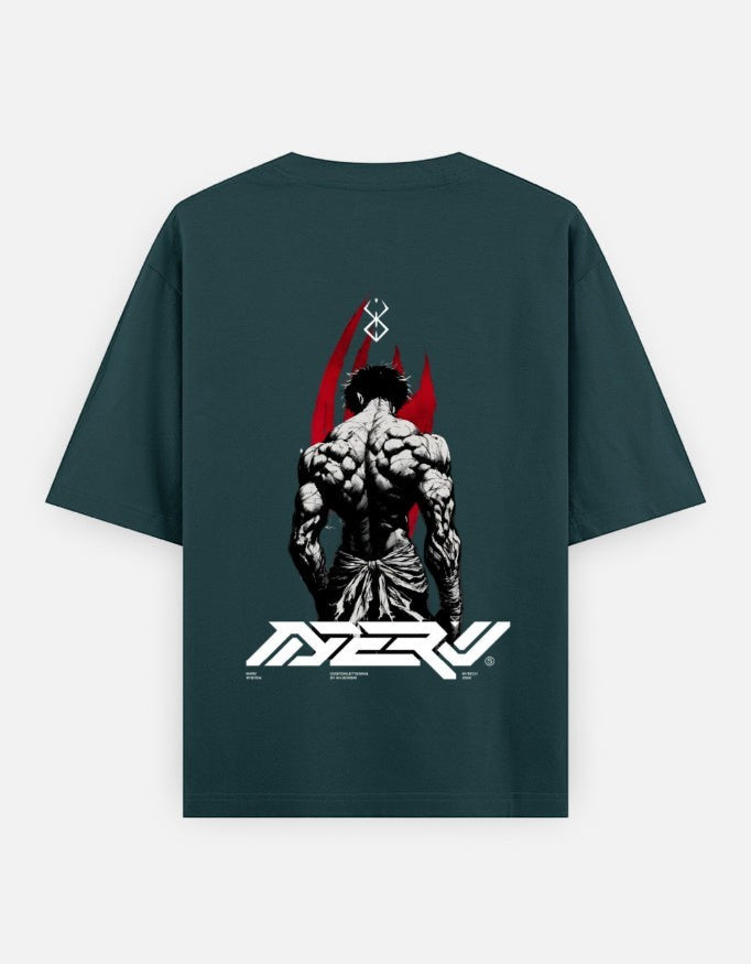 No Cap Co NERU oversized t-shirt in dark teal, 100% cotton, featuring a graphic print of a muscular figure with red accents and the NERU logo.