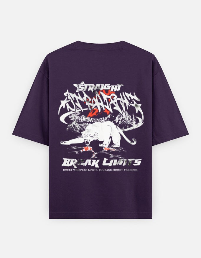 No Cap Co oversized classic t-shirt in deep purple, 100% cotton, featuring a graphic print of a panther and "BREAK LIMITS" text.