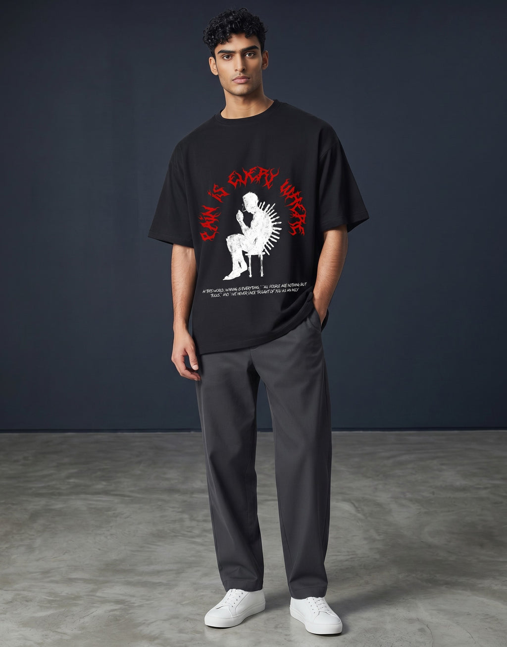 No Cap Co black 100% cotton oversized t-shirt with graphic print and text.