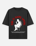 No Cap Co black 100% cotton oversized t-shirt with graphic print and text.