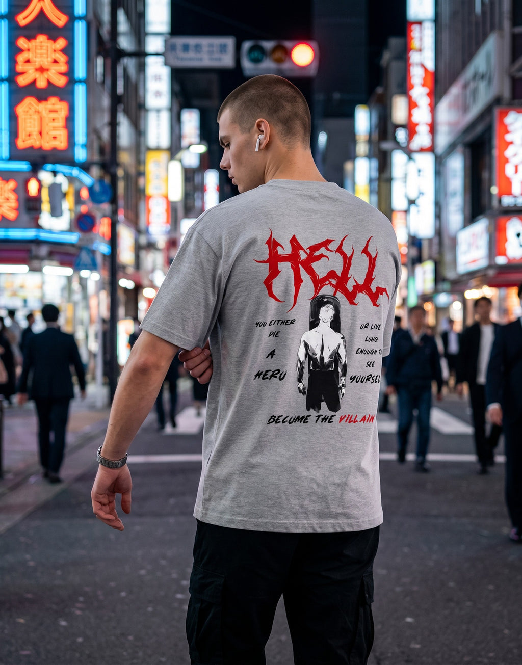 No Cap Co grey oversized cotton t-shirt with graphic print and text "HELL" in red.