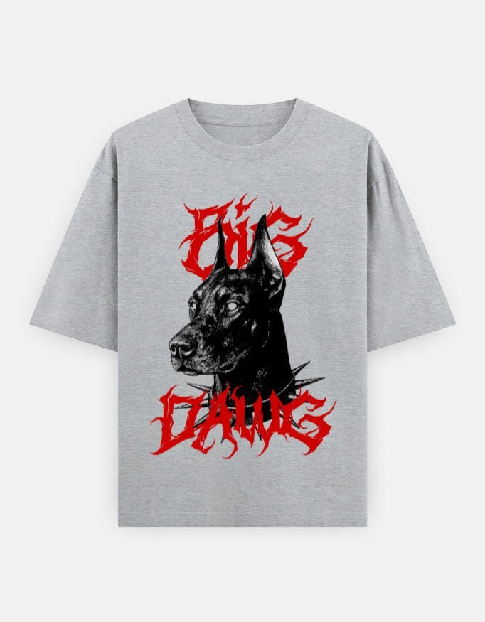 No Cap Co grey 100% cotton oversized t-shirt with a black Doberman graphic and red