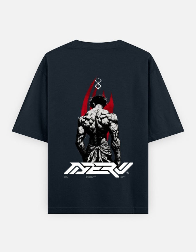 No Cap Co navy blue 100% cotton oversized t-shirt with graphic print of muscular figure and red accents.