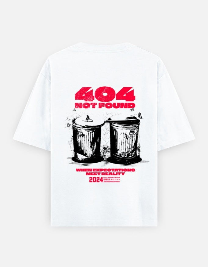 No Cap Co white 100% cotton oversized t-shirt with red "404 NOT FOUND" graphic and trash cans.