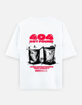No Cap Co white 100% cotton oversized t-shirt with red "404 NOT FOUND" graphic and trash cans.