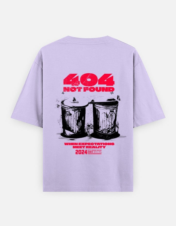 No Cap Co lavender 100% cotton oversized t-shirt with '404 NOT FOUND' graphic and trash cans.