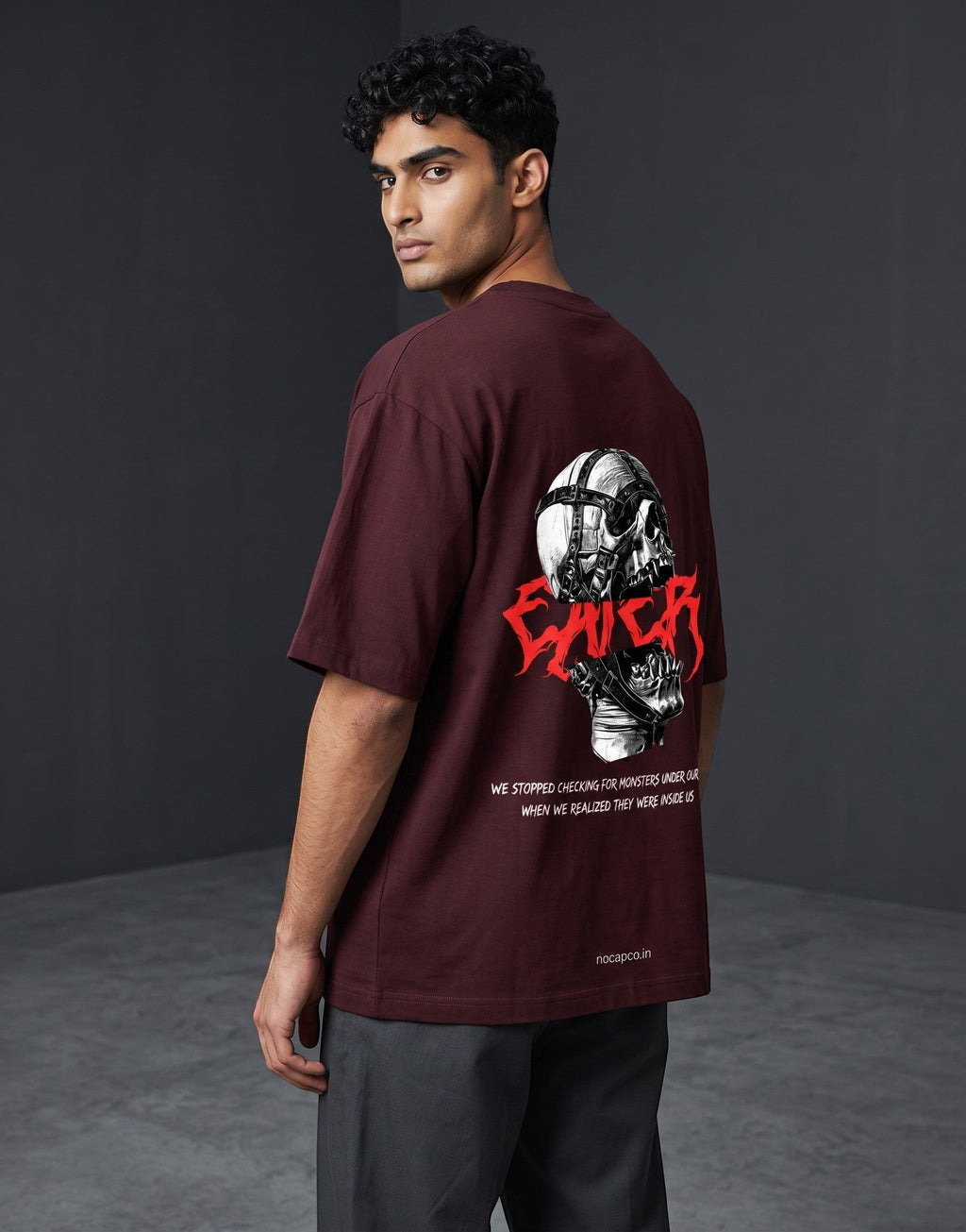 No Cap Co burgundy oversized 100% cotton t-shirt with graphic skull and text print.