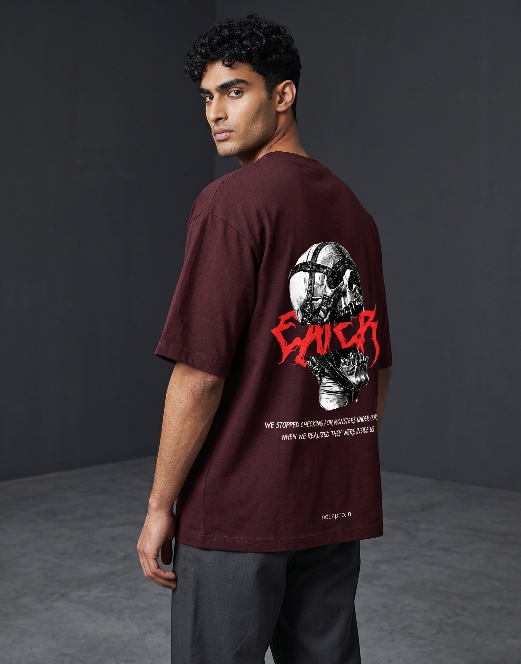 No Cap Co burgundy oversized 100% cotton t-shirt with graphic skull and text print.