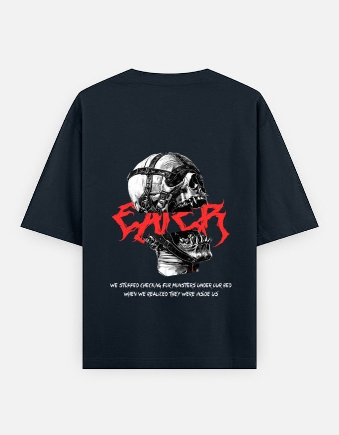 No Cap Co navy blue 100% cotton oversized t-shirt with graphic print of a skull and red text.