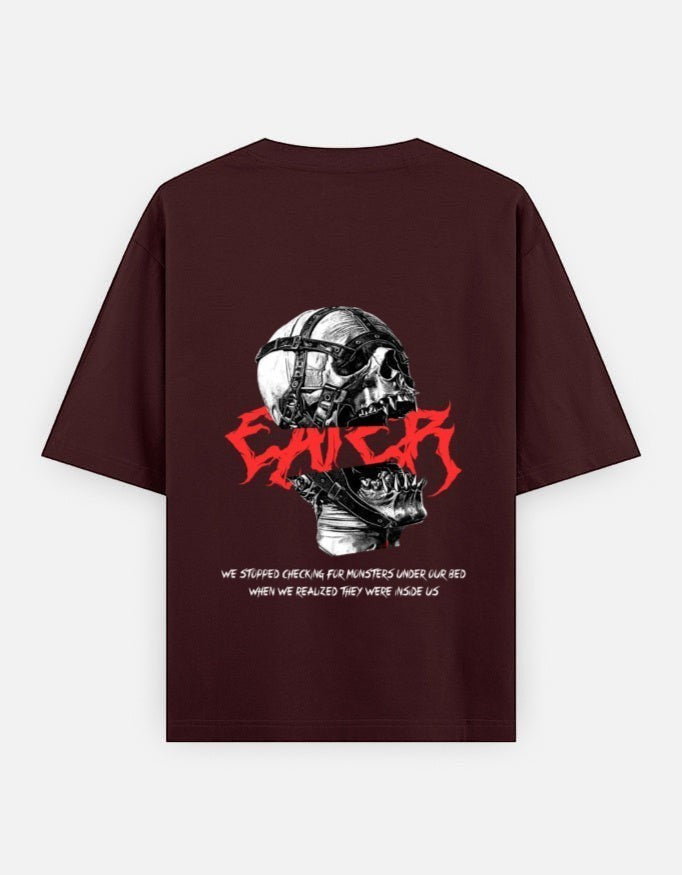No Cap Co burgundy oversized 100% cotton t-shirt with graphic skull and text print.