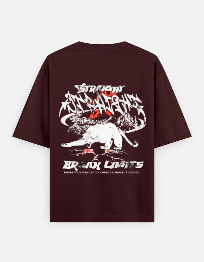 No Cap Co oversized burgundy 100% cotton t-shirt with graphic print of a panther and text "BREAK LIMITS"