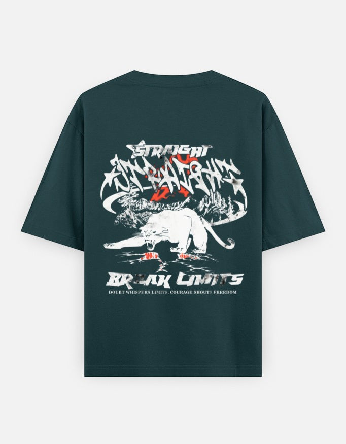 No Cap Co oversized t-shirt in dark green 100% cotton with a graphic print of a white panther and text that reads "BREAK LIMITS".