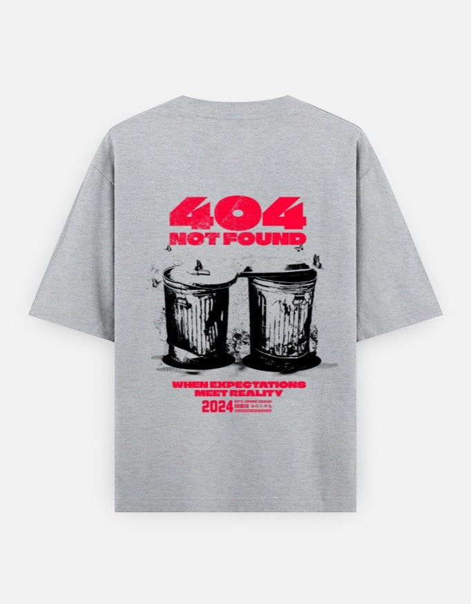 No Cap Co grey 100% cotton oversized t-shirt with '404 NOT FOUND' graphic and trash cans.