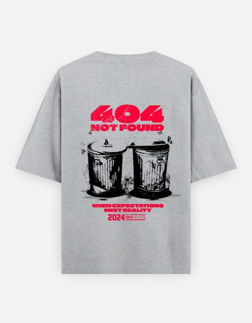 No Cap Co grey 100% cotton oversized t-shirt with '404 NOT FOUND' graphic and trash cans.