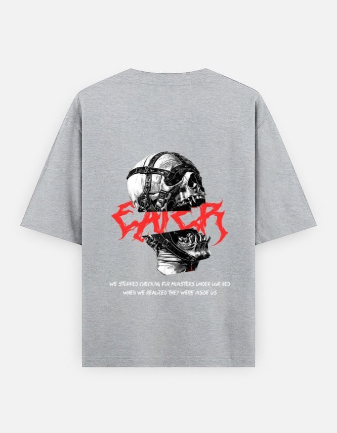 No Cap Co grey 100% cotton oversized t-shirt with a graphic of a skull wearing a mask and red text.