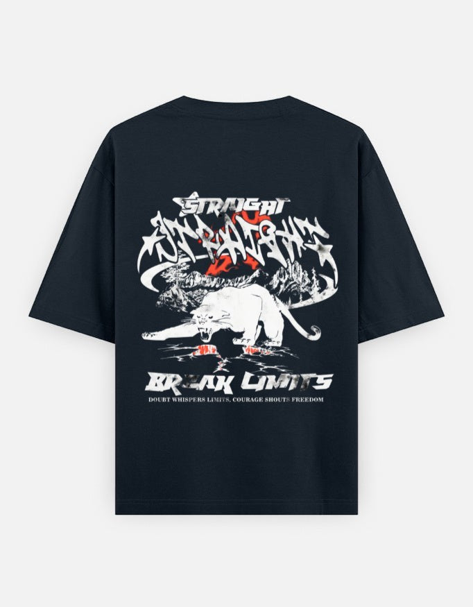 No Cap Co navy blue 100% cotton oversized t-shirt with a graphic print of a white panther and "BREAK LIMITS" text.