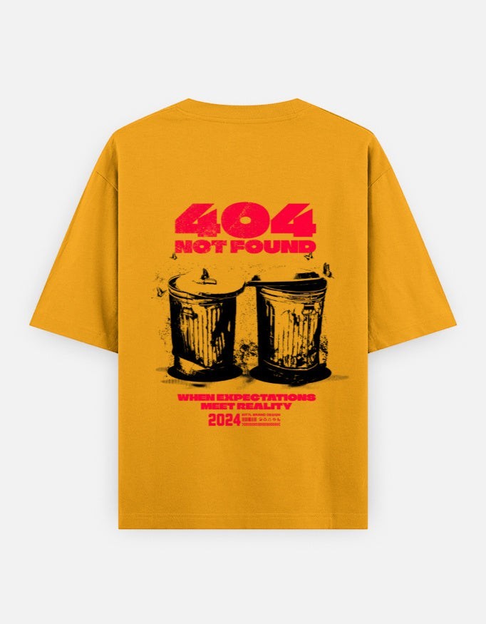 No Cap Co yellow 100% cotton oversized t-shirt with '404 NOT FOUND' graphic and trash cans.