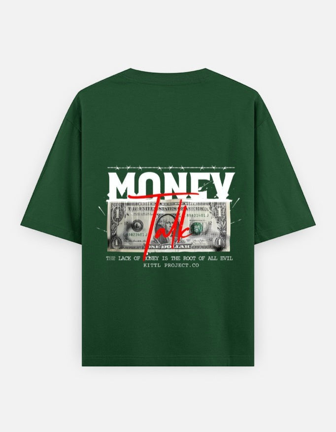 No Cap Co dark green 100% cotton oversized t-shirt with a dollar bill graphic and "MONEY" text.
