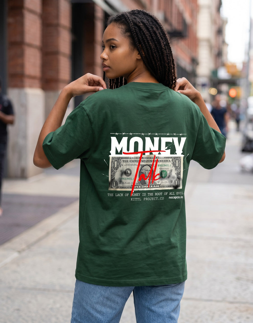 No Cap Co dark green 100% cotton oversized t-shirt with a graphic print of a dollar bill and the word MONEY.