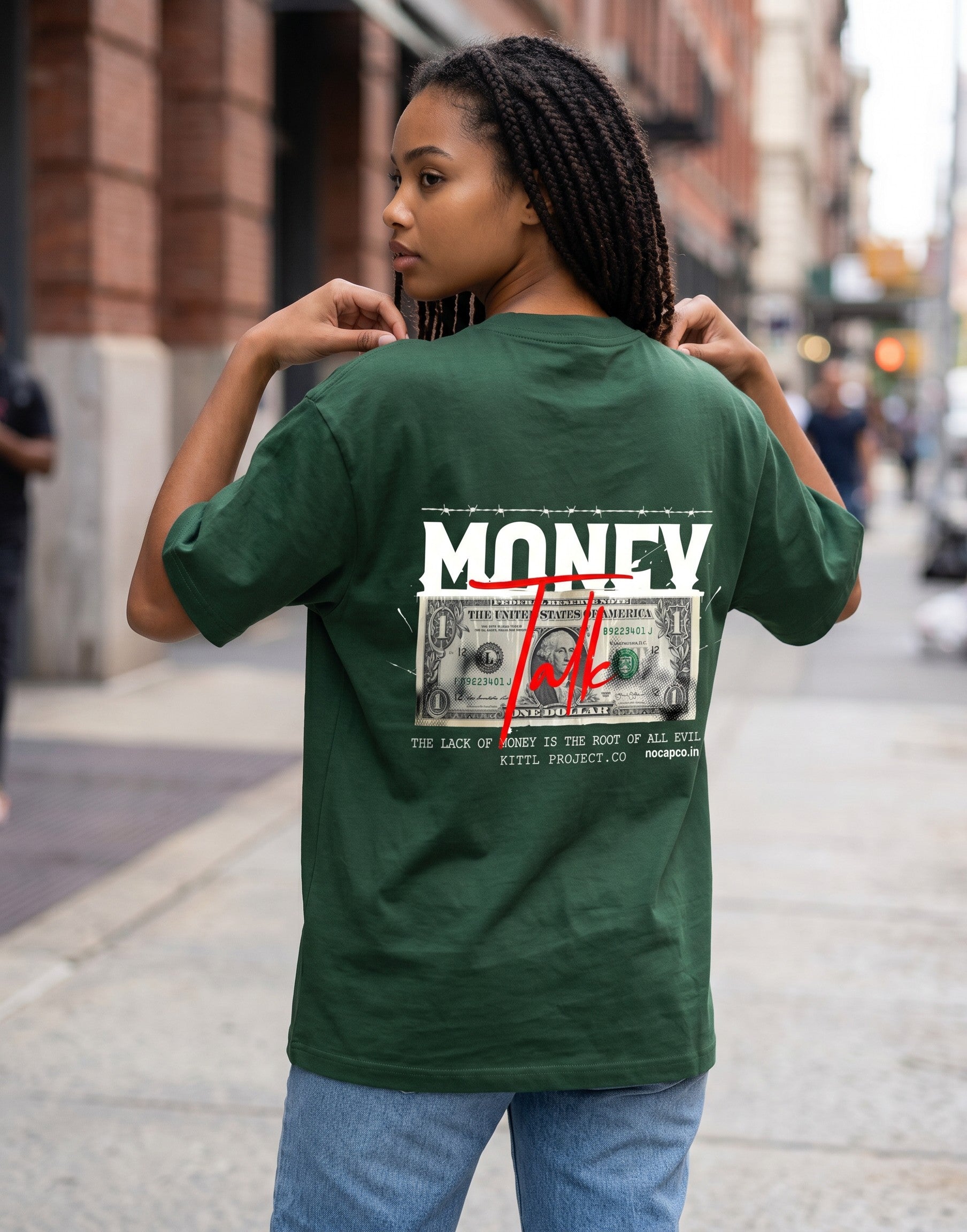 No Cap Co dark green 100% cotton oversized t-shirt with a graphic print of a dollar bill and the word MONEY.
