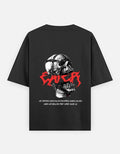 No Cap Co black 100% cotton oversized t-shirt with a graphic of a skull wearing a leather mask and red text.