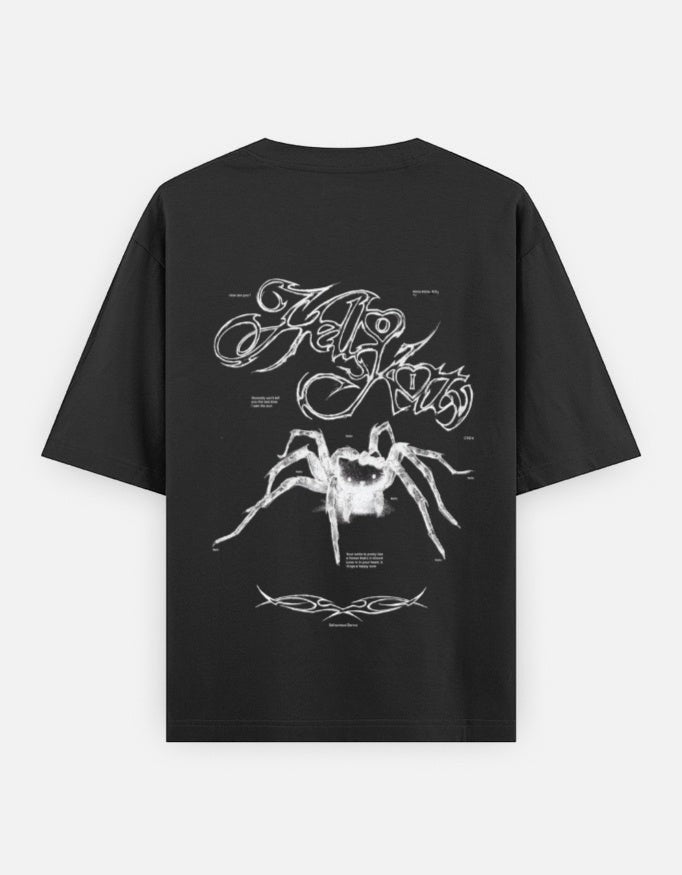 No Cap Co black 100% cotton oversized t-shirt with a graphic spider and text print on the back.