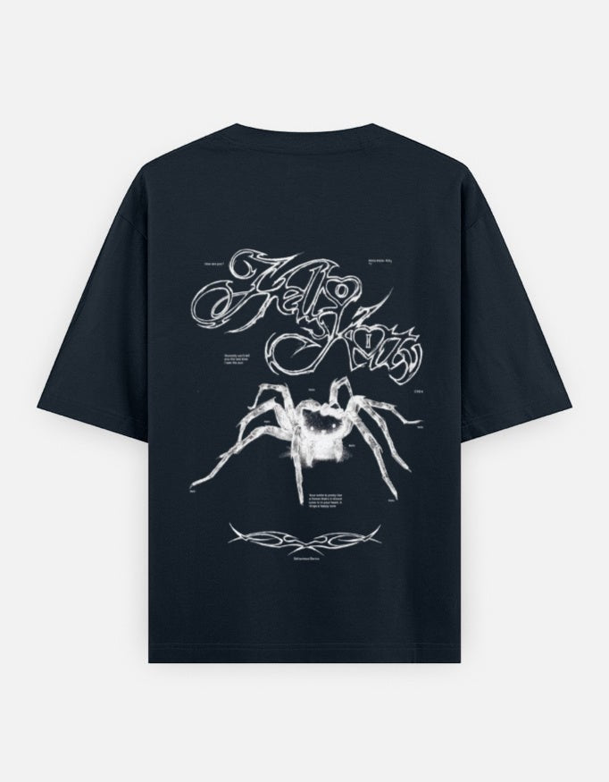 No Cap Co dark navy oversized t-shirt with a graphic print of a spider and stylized text. 100% cotton.