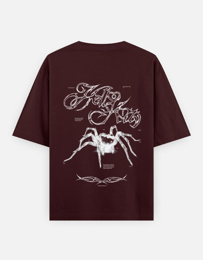 No Cap Co oversized classic t-shirt in maroon, 100% cotton with a graphic spider and text print.