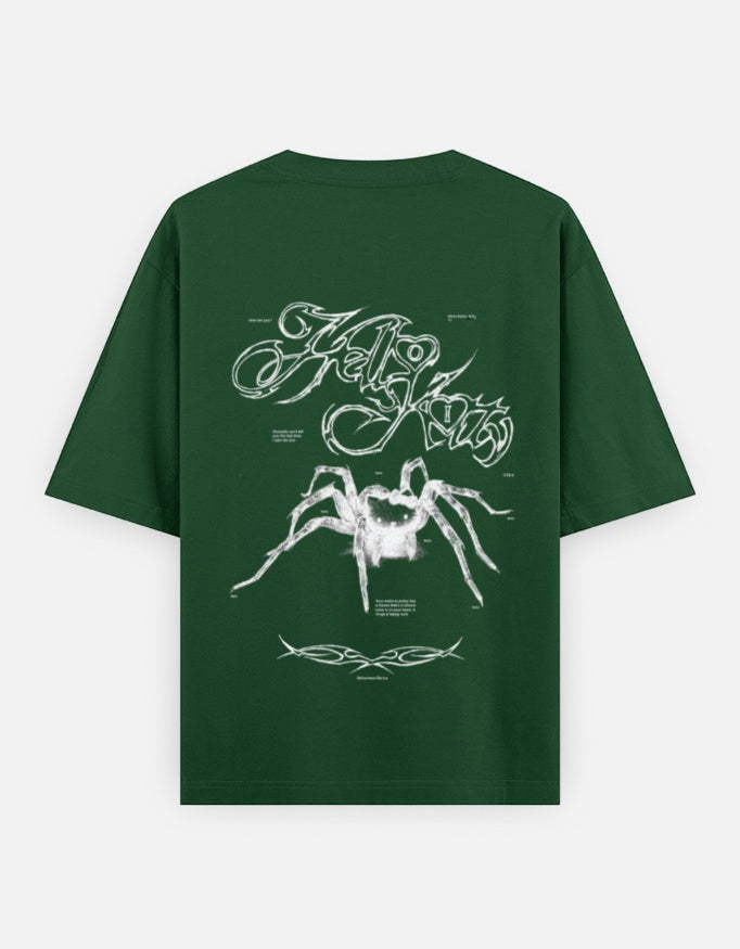 No Cap Co dark green 100% cotton oversized t-shirt with a white spider graphic and text.