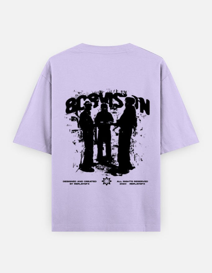 No Cap Co 8C8 oversized t-shirt in lavender cotton with a graphic print of three figures on the back.
