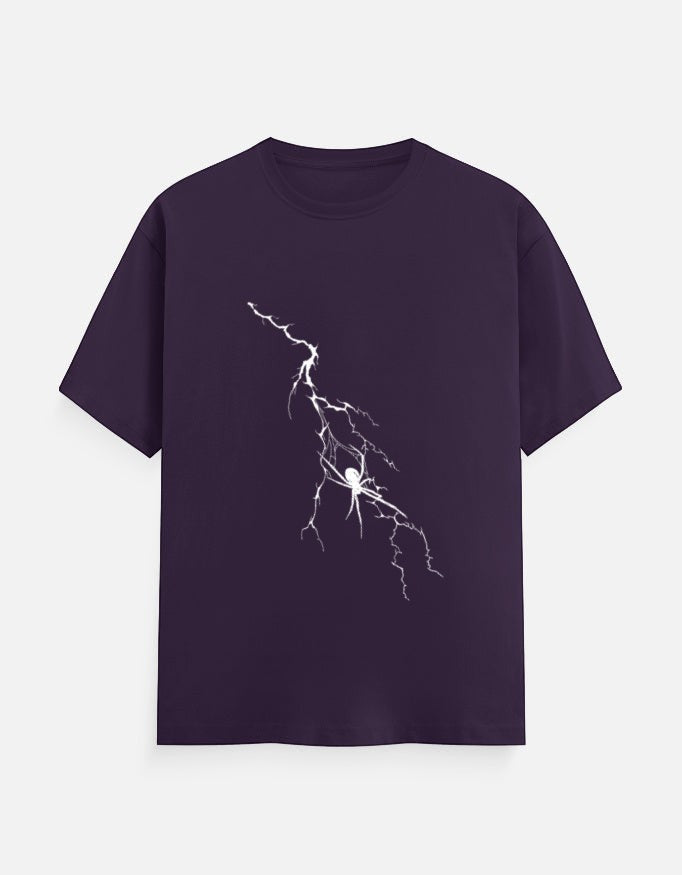 No Cap Co dark purple 100% cotton crew neck t-shirt with a white lightning bolt and spider graphic.