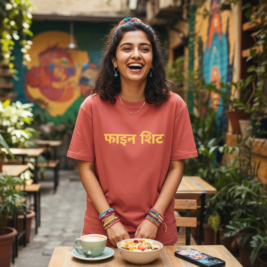 No Cap Co red 100% cotton unisex t-shirt with yellow Hindi script text "FINE SHYT" on the front.