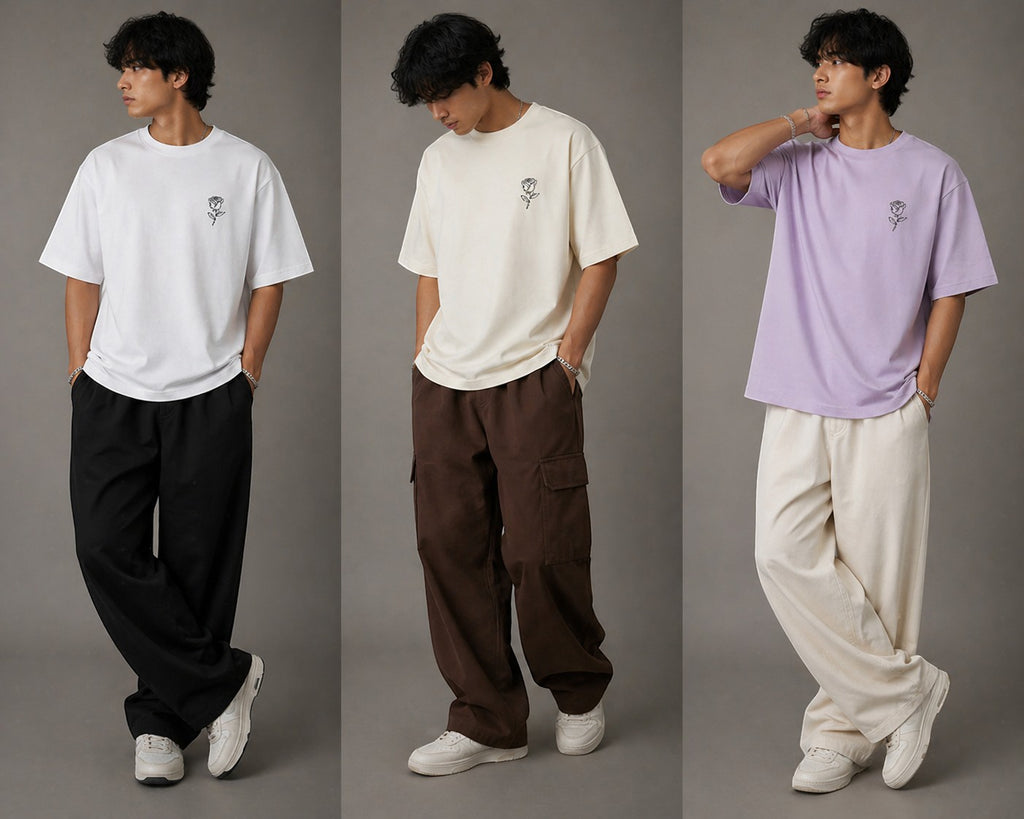No Cap Co oversized t-shirts in white, cream, and lavender, each featuring a subtle rose graphic. Made from 240 GSM cotton-polyester blend.
