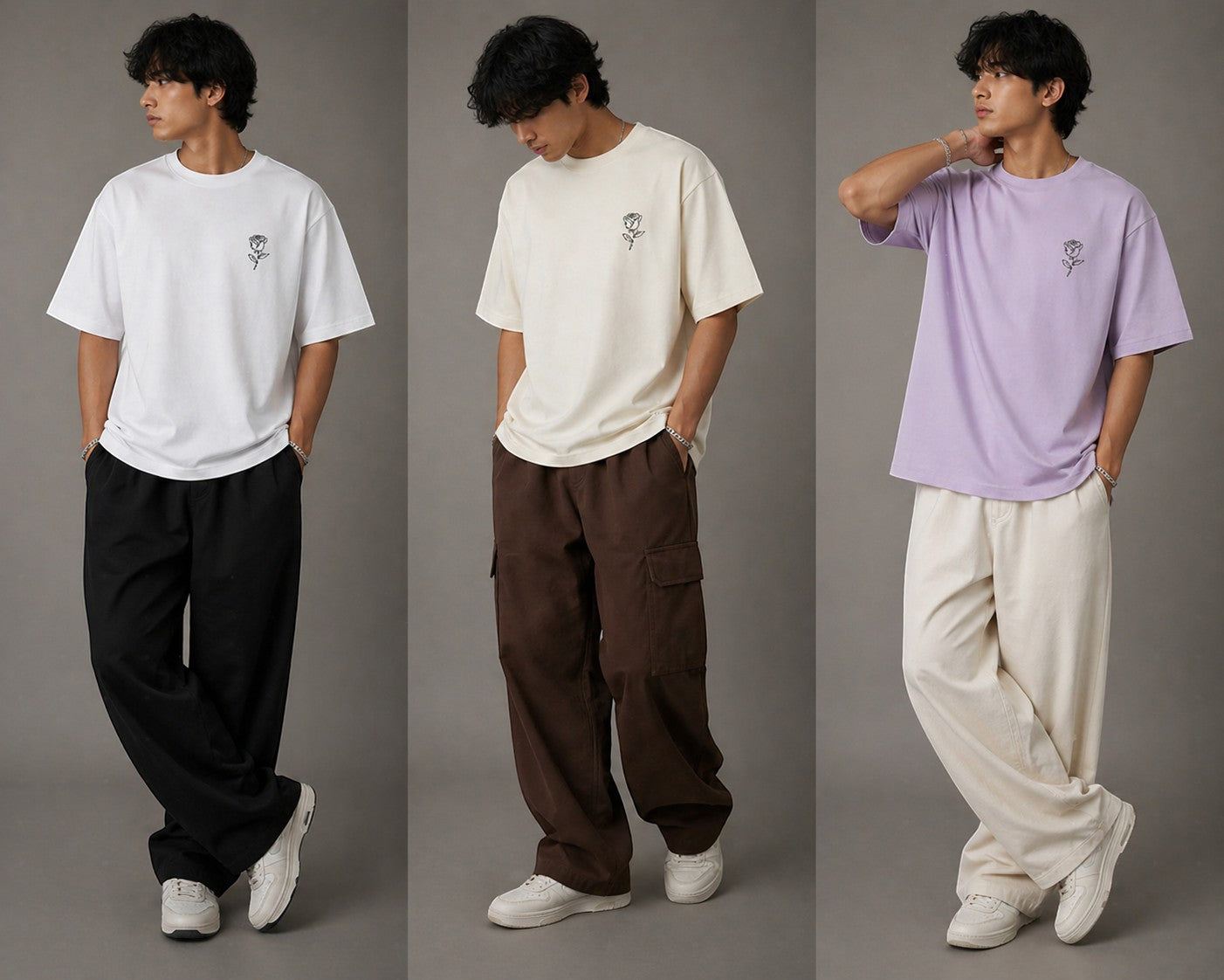 No Cap Co oversized t-shirts in white, cream, and lavender, each featuring a subtle rose graphic. Made from 240 GSM cotton-polyester blend.